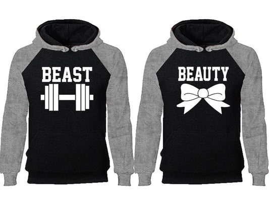 Beast Beauty couple hoodies, raglan hoodie. Grey Black hoodie mens, Grey Black red hoodie womens.