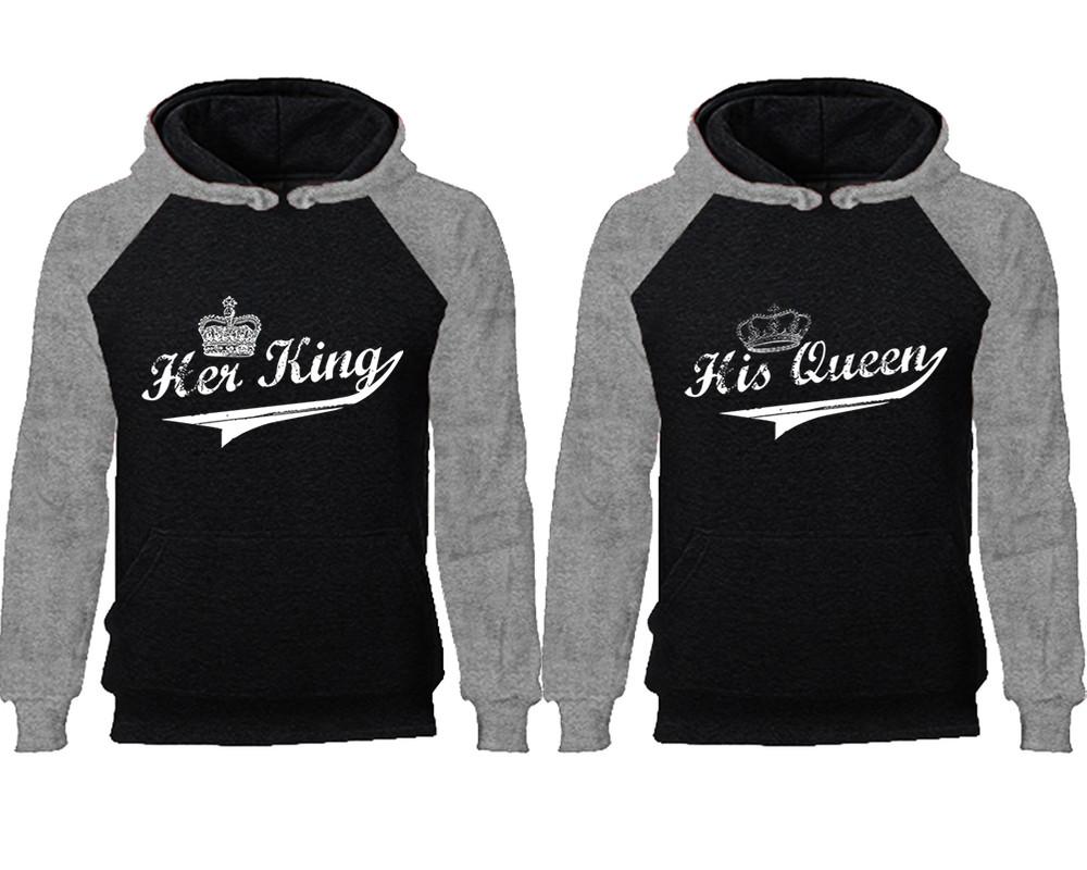 Her King His Queen couple hoodies, raglan hoodie. Grey Black hoodie mens, Grey Black red hoodie womens.