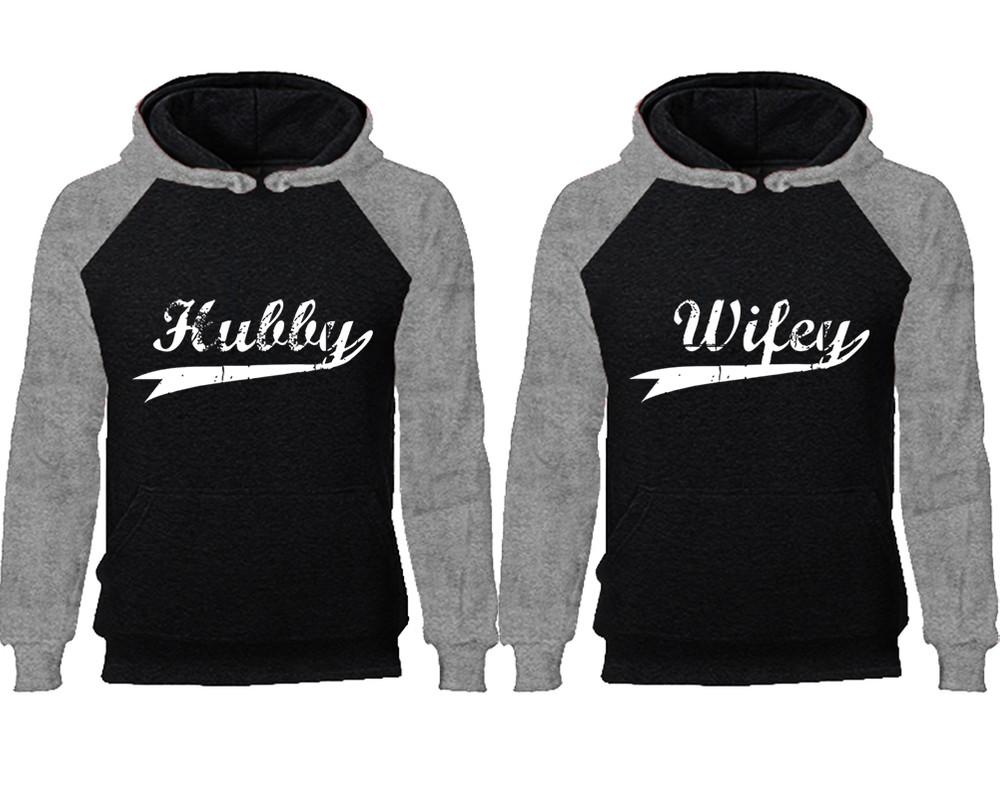 Hubby Wifey couple hoodies, raglan hoodie. Grey Black hoodie mens, Grey Black red hoodie womens.