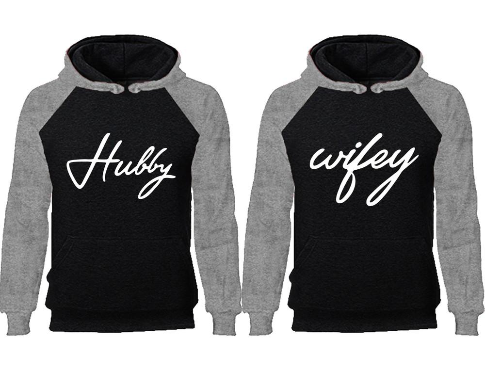 Hubby Wifey couple hoodies, raglan hoodie. Grey Black hoodie mens, Grey Black red hoodie womens.