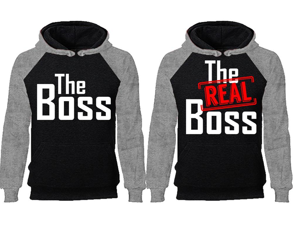 The Boss The Real Boss couple hoodies, raglan hoodie. Grey Black hoodie mens, Grey Black red hoodie womens.