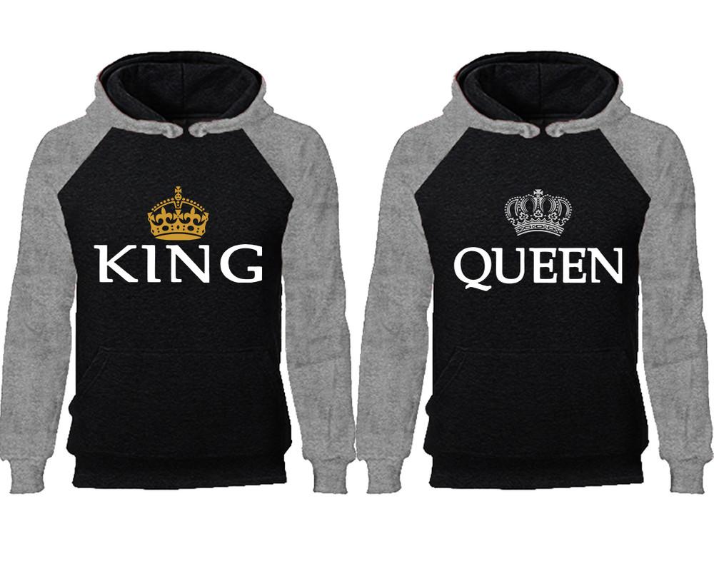 King Queen couple hoodies, raglan hoodie. Grey Black hoodie mens, Grey Black red hoodie womens.