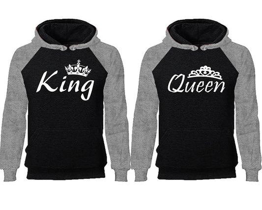 King Queen couple hoodies, raglan hoodie. Grey Black hoodie mens, Grey Black red hoodie womens.