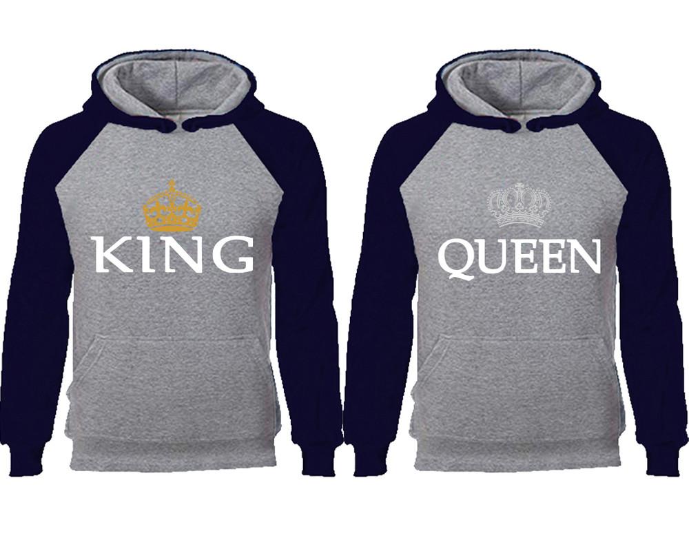 King Queen couple hoodies, raglan hoodie. Navy Blue Grey hoodie mens, Navy Blue Grey red hoodie womens.