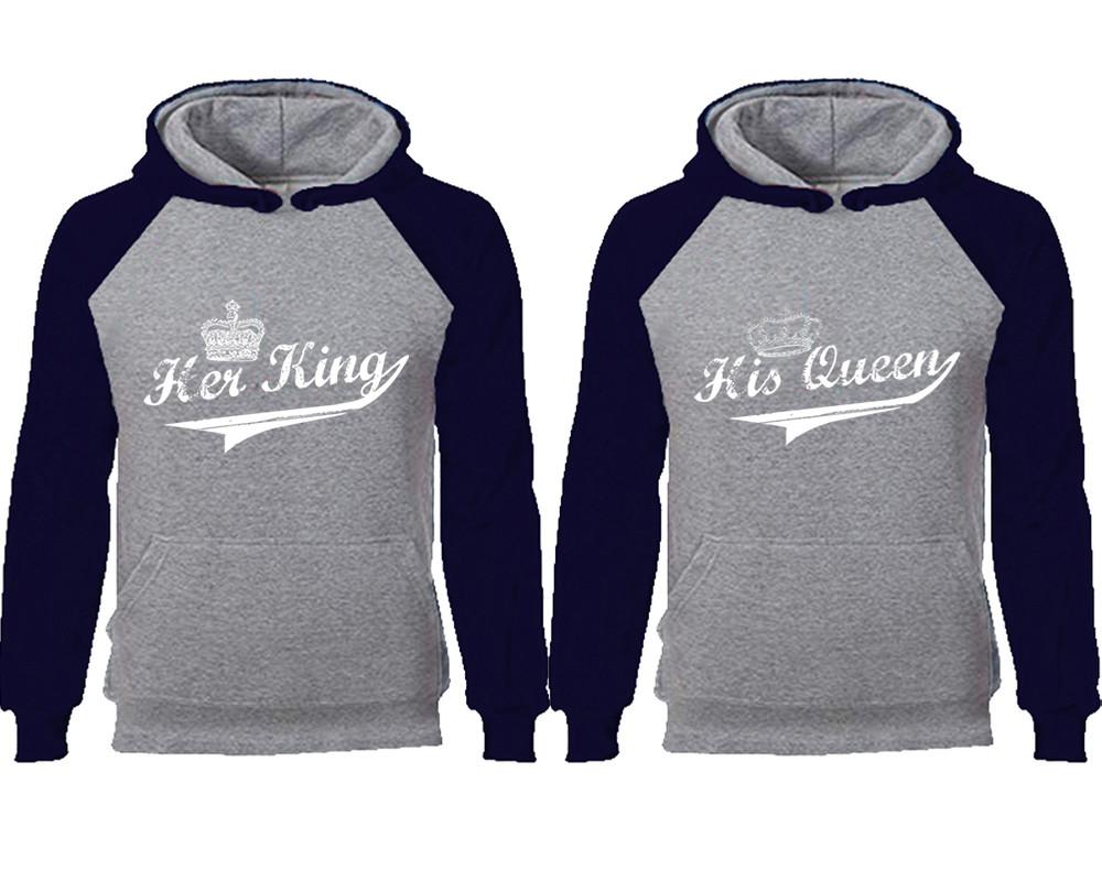 Her King His Queen couple hoodies, raglan hoodie. Navy Blue Grey hoodie mens, Navy Blue Grey red hoodie womens.