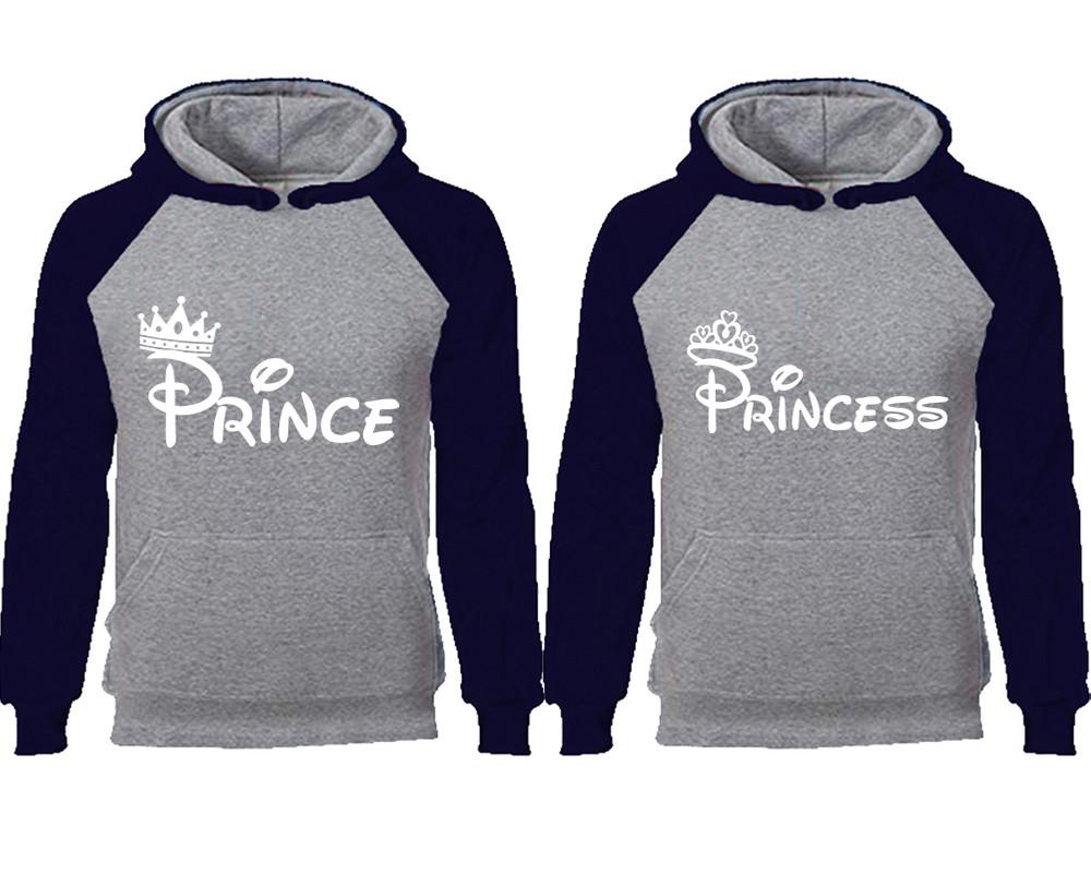 Prince Princess couple hoodies, raglan hoodie. Navy Blue Grey hoodie mens, Navy Blue Grey red hoodie womens.