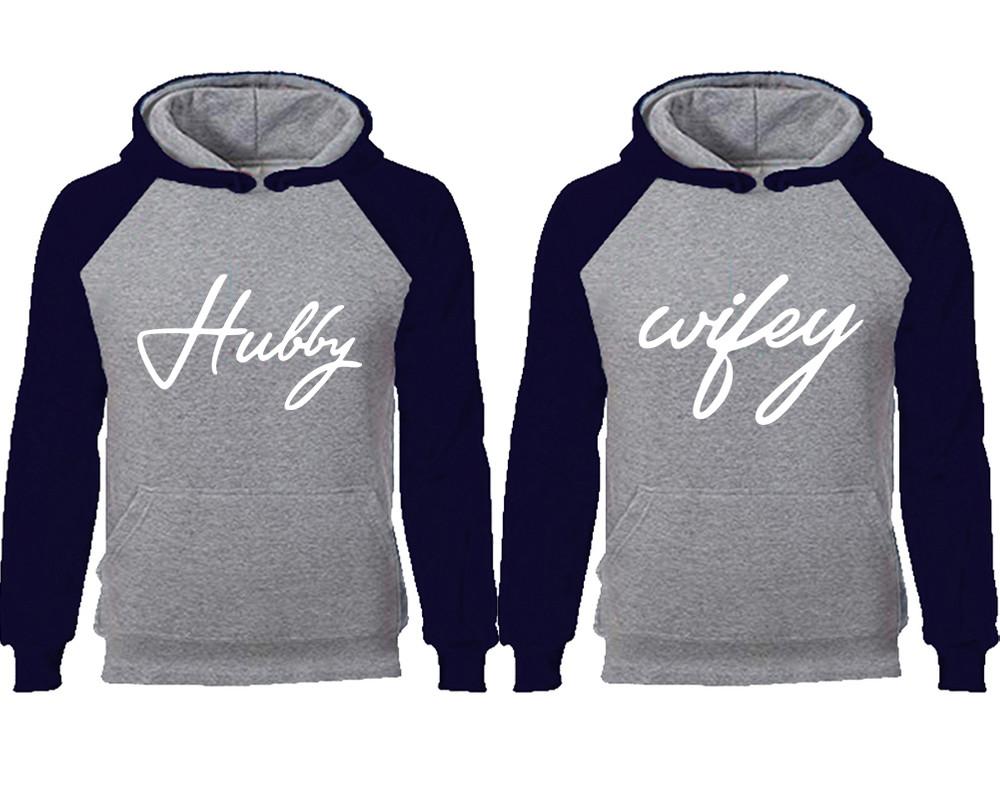 Hubby Wifey couple hoodies, raglan hoodie. Navy Blue Grey hoodie mens, Navy Blue Grey red hoodie womens.