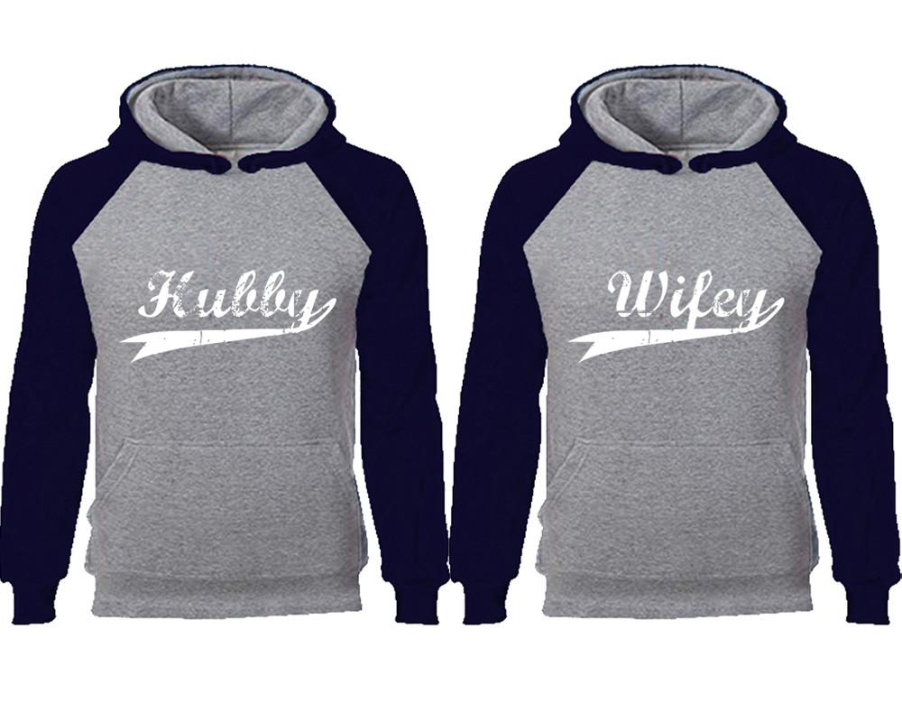 Hubby Wifey couple hoodies, raglan hoodie. Navy Blue Grey hoodie mens, Navy Blue Grey red hoodie womens.