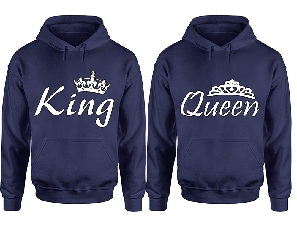 King Queen hoodie, Matching couple hoodies, Navy Blue pullover hoodies. Couple jogger pants and hoodies set.