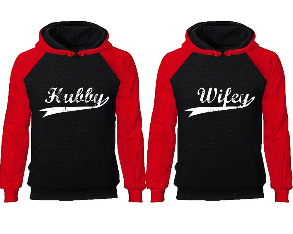Hubby Wifey couple hoodies, raglan hoodie. Red Black hoodie mens, Red Black red hoodie womens.