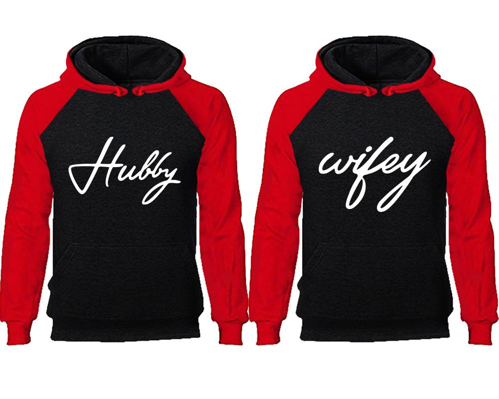 Hubby Wifey couple hoodies, raglan hoodie. Red Black hoodie mens, Red Black red hoodie womens.