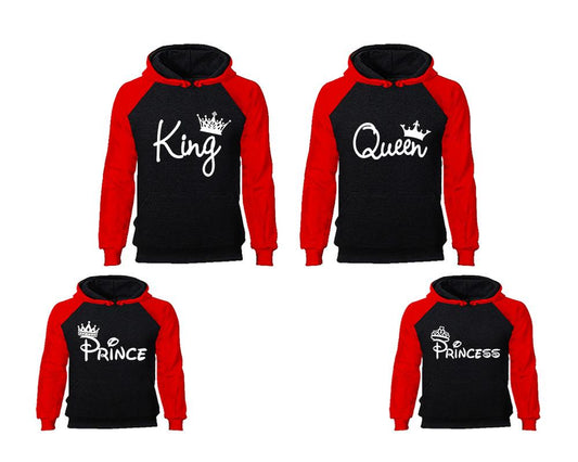 King Queen, Prince and Princess. Matching family outfits. Red Black adults, kids pullover hoodie.