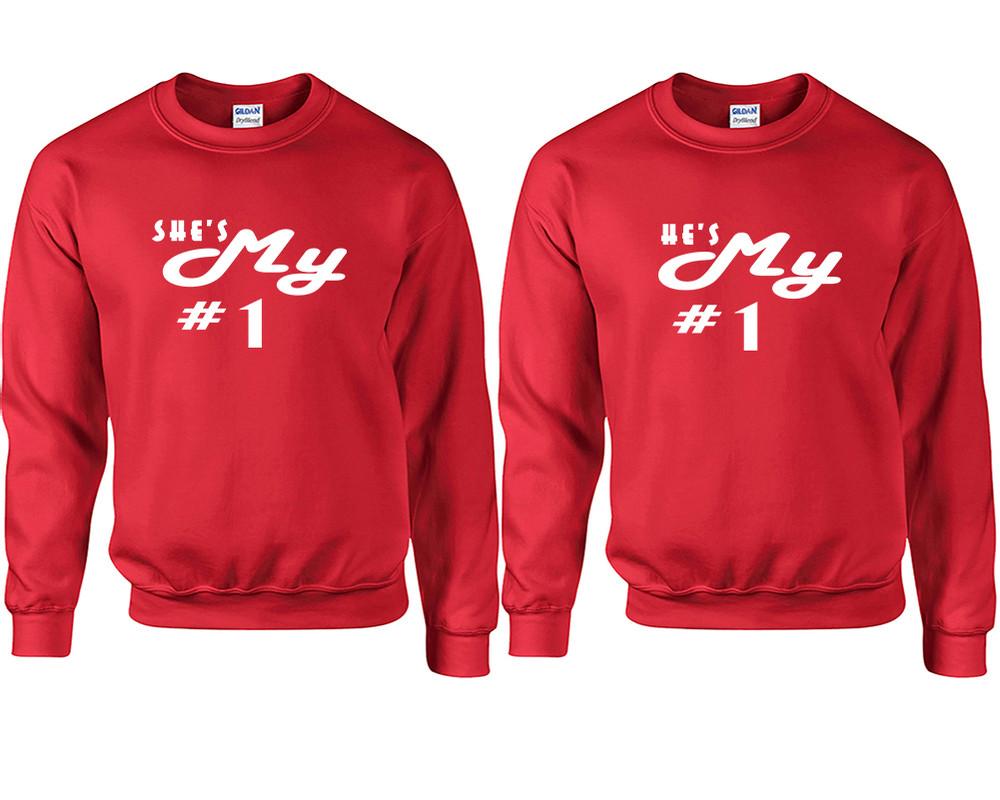 She's My Number 1 and He's My Number 1 couple sweatshirts. Red sweaters for men, sweaters for women. Sweat shirt. Matching sweatshirts for couples