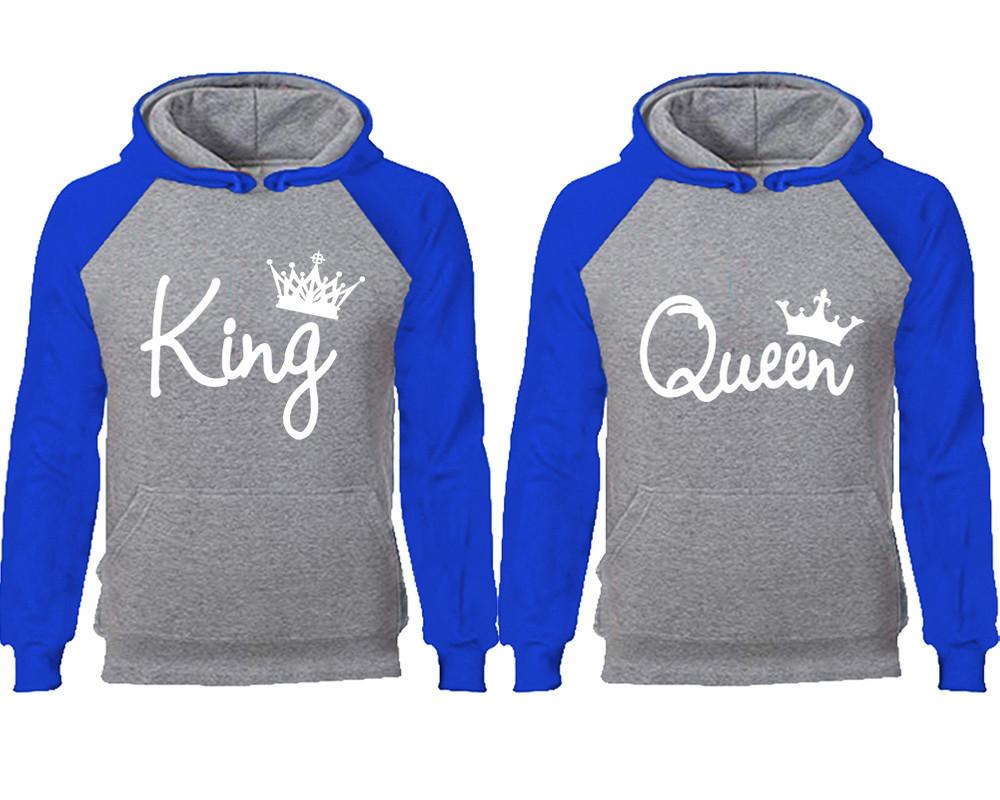 King Queen couple hoodies, raglan hoodie. Royal Blue Grey hoodie mens, Royal Blue Grey red hoodie womens.