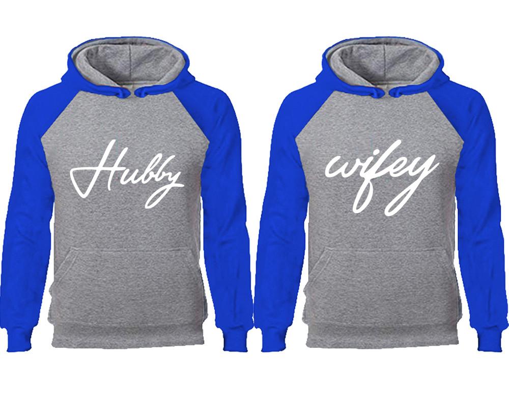 Hubby Wifey couple hoodies, raglan hoodie. Royal Blue Grey hoodie mens, Royal Blue Grey red hoodie womens.