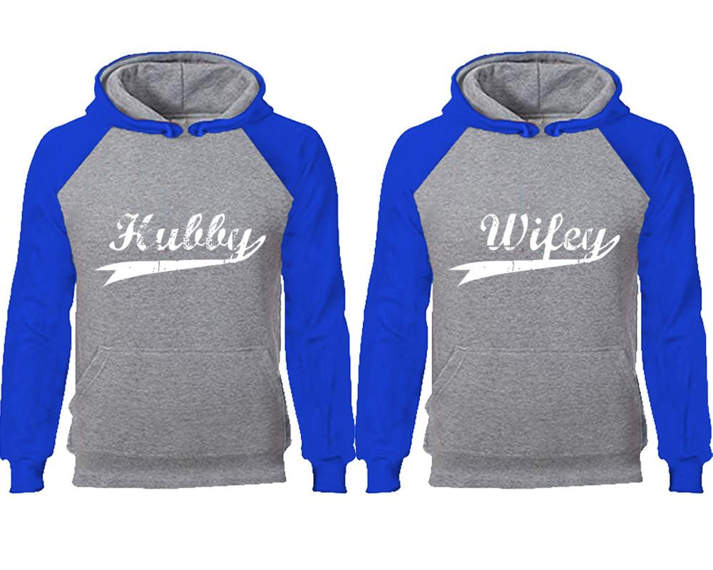 Hubby Wifey couple hoodies, raglan hoodie. Royal Blue Grey hoodie mens, Royal Blue Grey red hoodie womens.