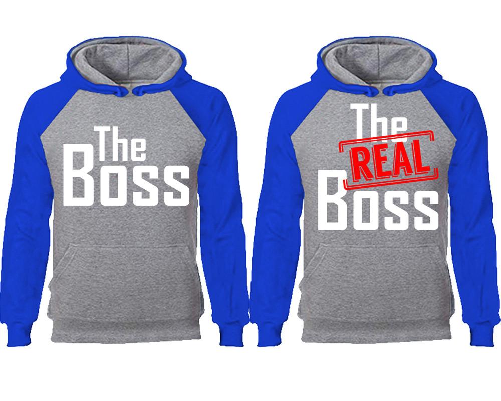 The Boss The Real Boss couple hoodies, raglan hoodie. Royal Blue Grey hoodie mens, Royal Blue Grey red hoodie womens.