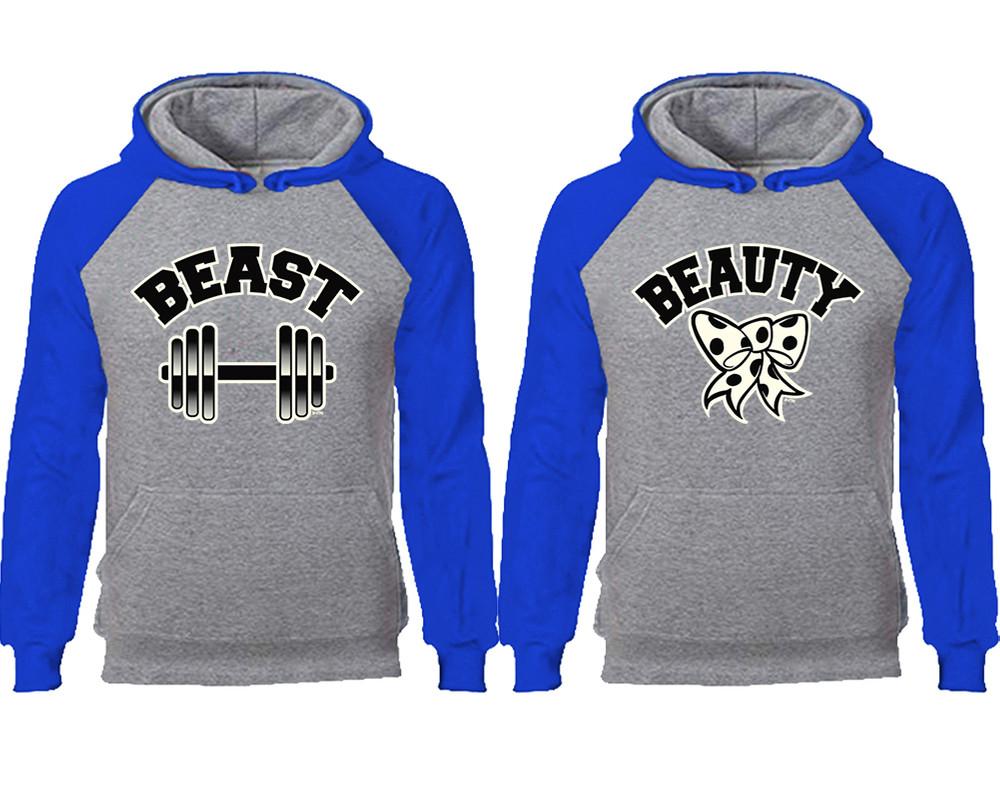 Beast Beauty couple hoodies, raglan hoodie. Royal Blue Grey hoodie mens, Royal Blue Grey red hoodie womens.