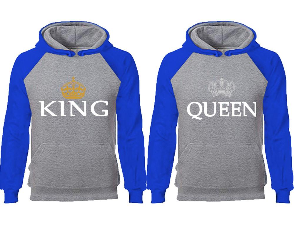 King Queen couple hoodies, raglan hoodie. Royal Blue Grey hoodie mens, Royal Blue Grey red hoodie womens.