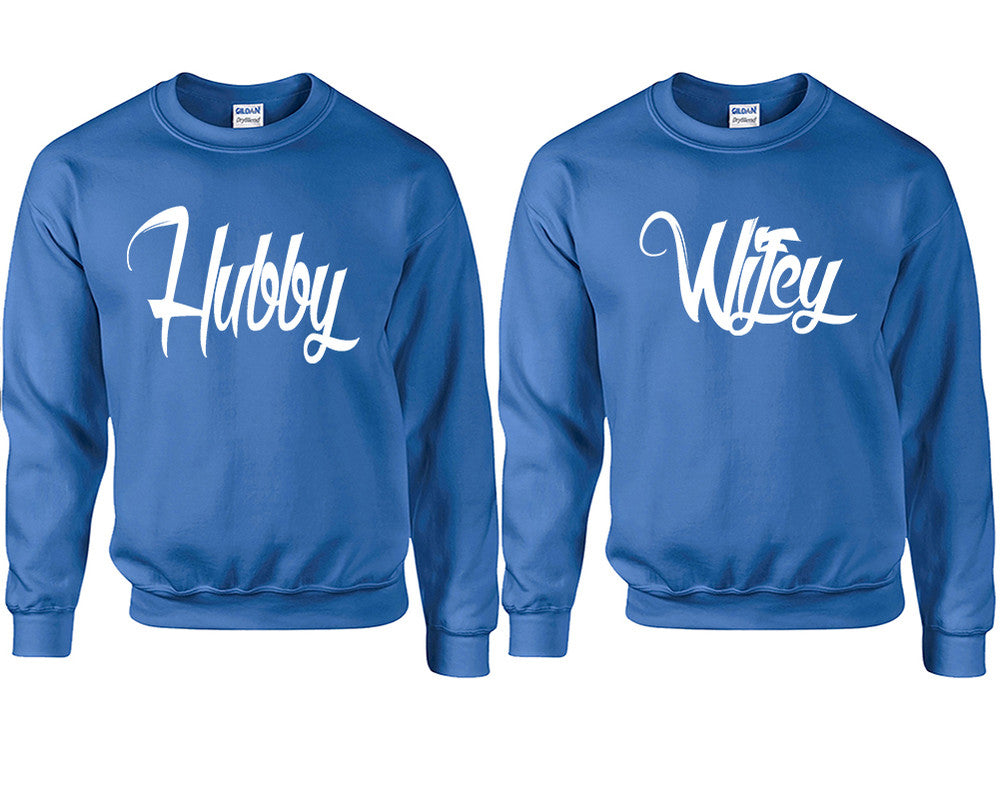 Hubby and Wifey couple sweatshirts. Royal Blue sweaters for men, sweaters for women. Sweat shirt. Matching sweatshirts for couples