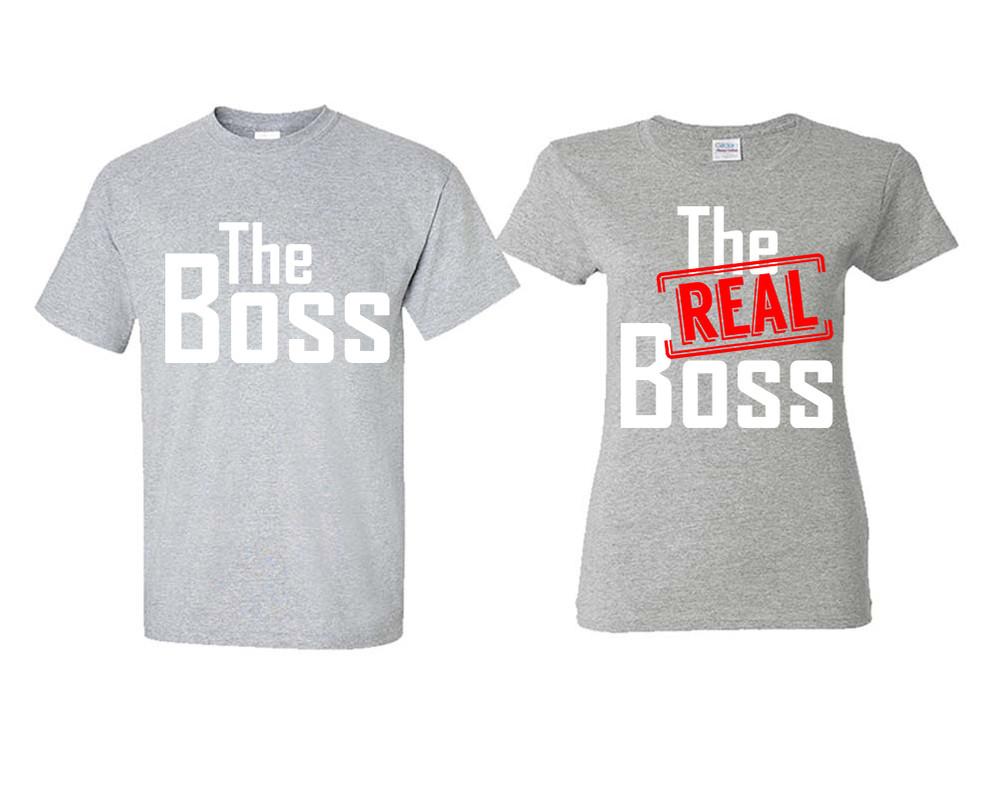 The Boss The Real Boss matching couple shirts.Couple shirts, Sports Grey t shirts for men, t shirts for women. Couple matching shirts.