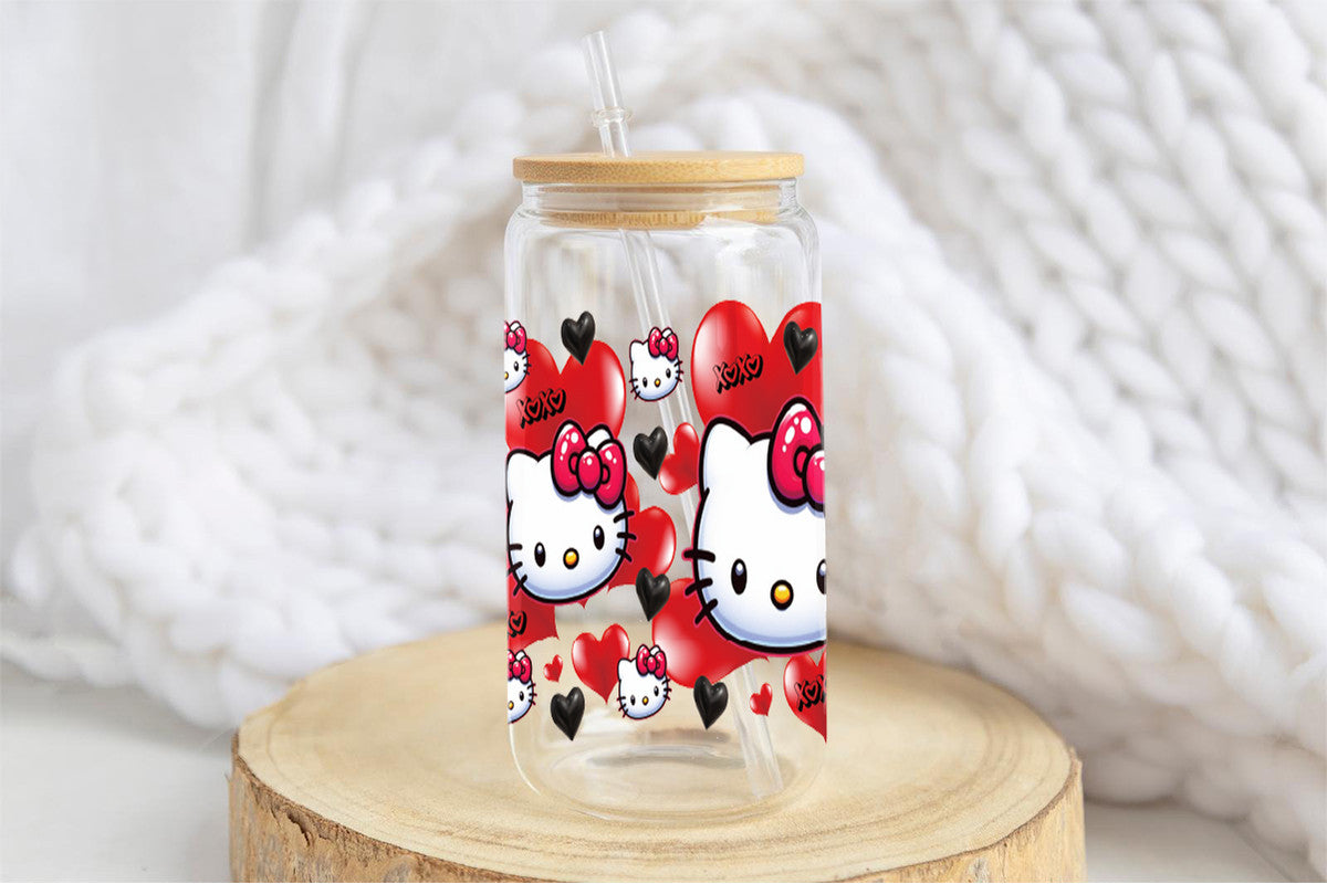 Hello Kitty Tumbler Glass Cup With Lid And Straw