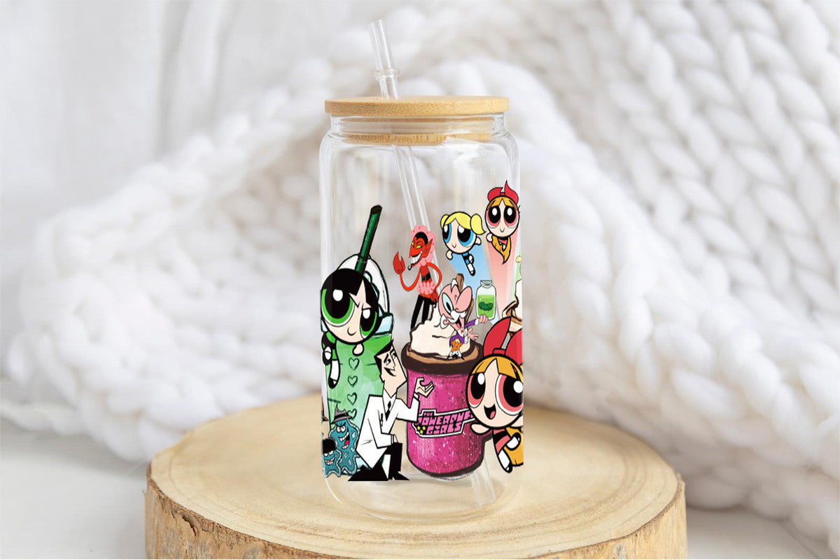 The Powerpuff Girls Tumbler Glass Cup With Lid And Straw