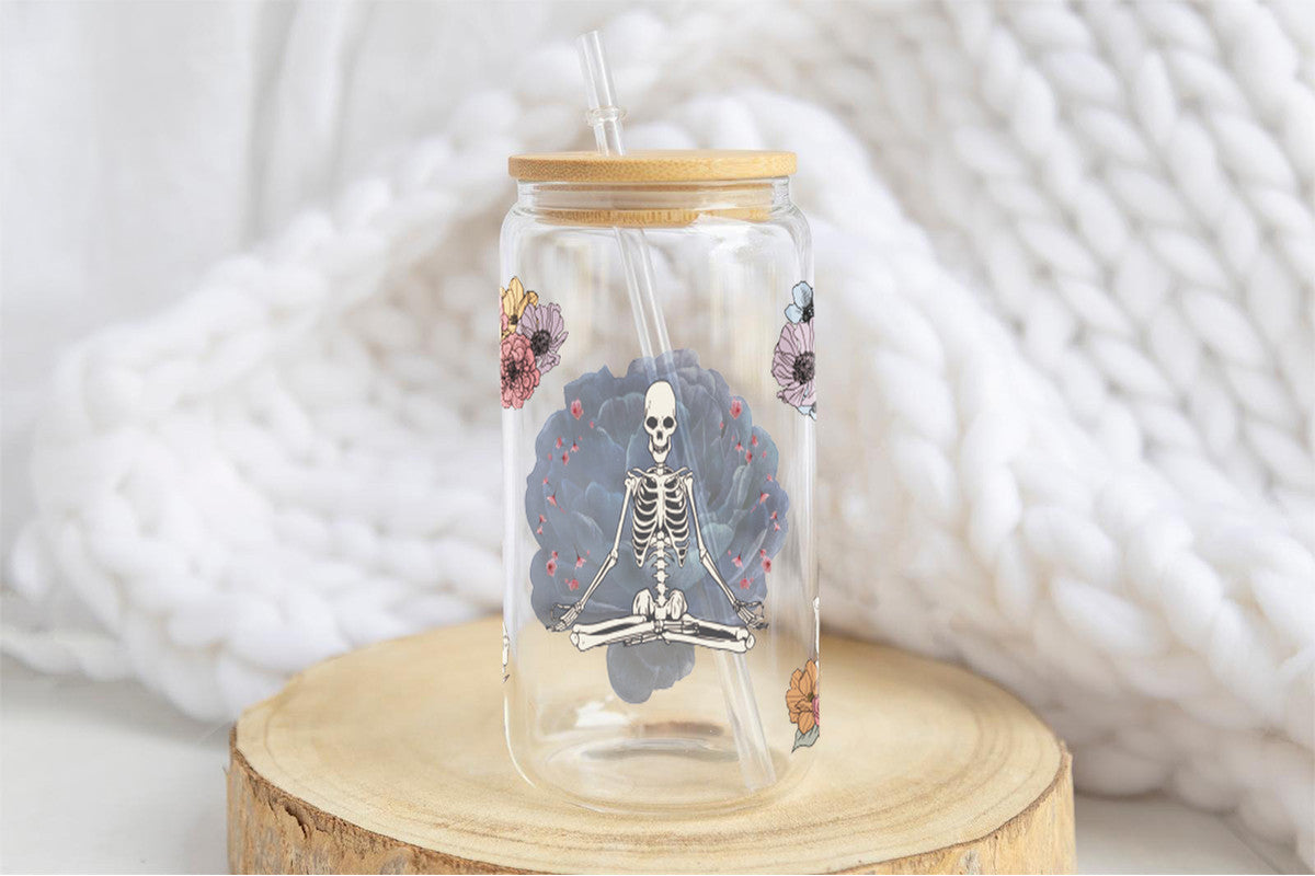 Skeleton 16oz Tumbler Cup With Bamboo Lid And Straw, 