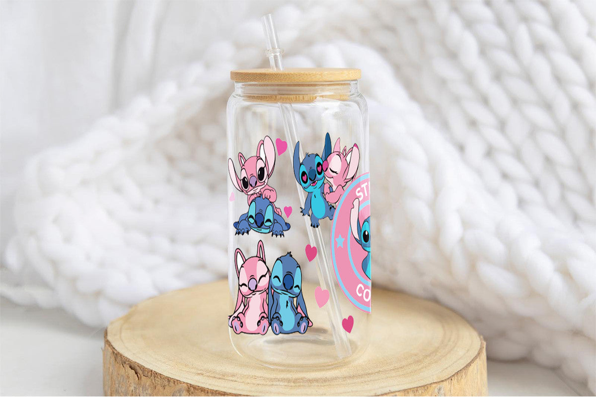 Stitch Tumbler Glass Cup With Lid And Straw