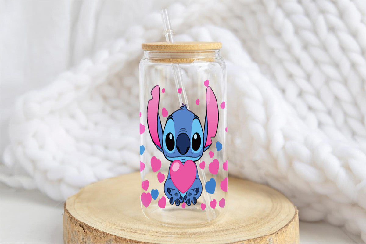 Stitch Tumbler Glass Cup With Lid And Straw