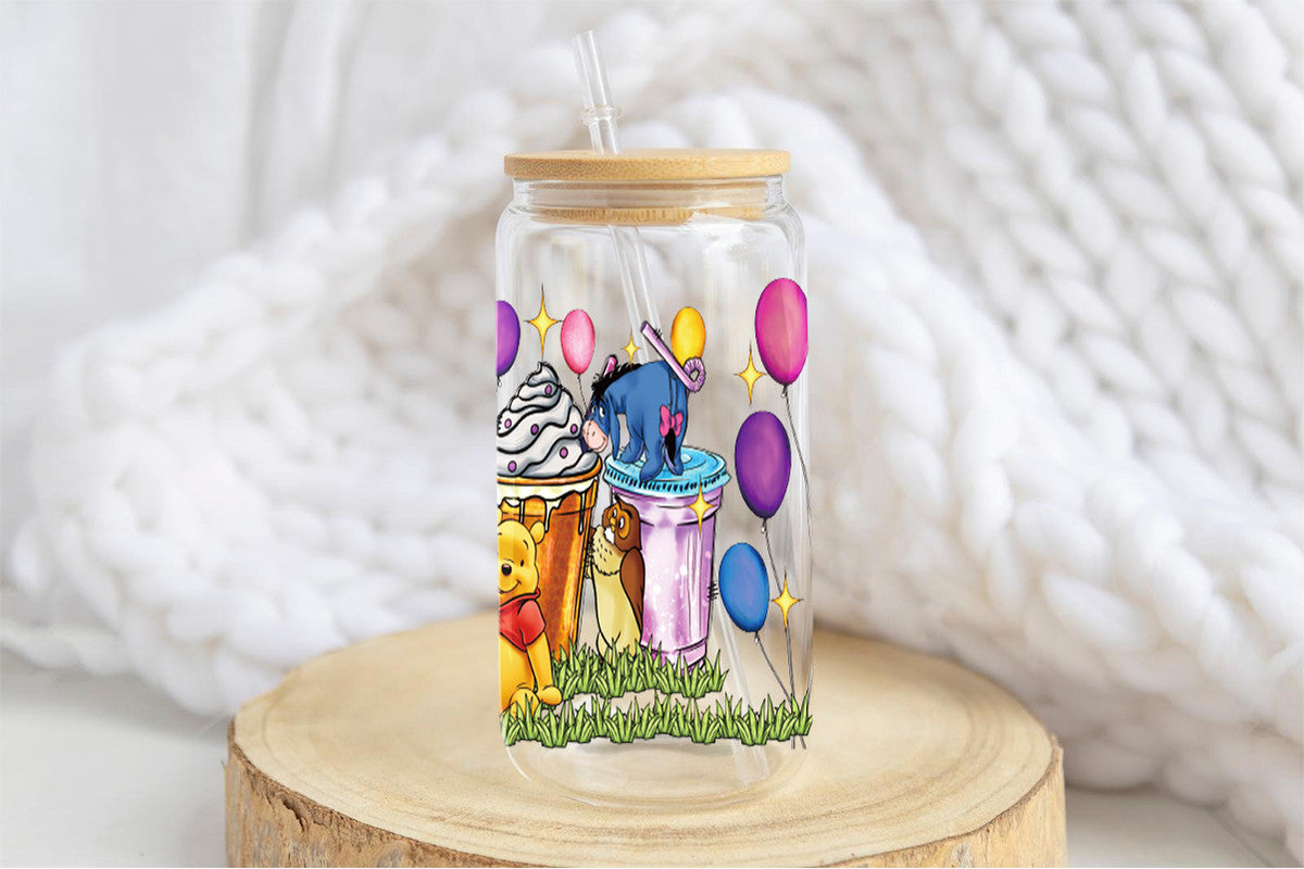 Wini The Pooh Tumbler Glass Cup With Lid And Straw