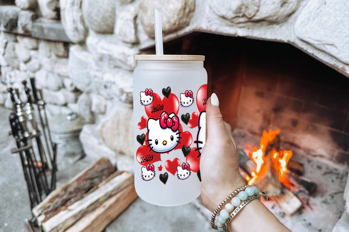 Hello Kitty Tumbler Glass Cup With Lid And Straw