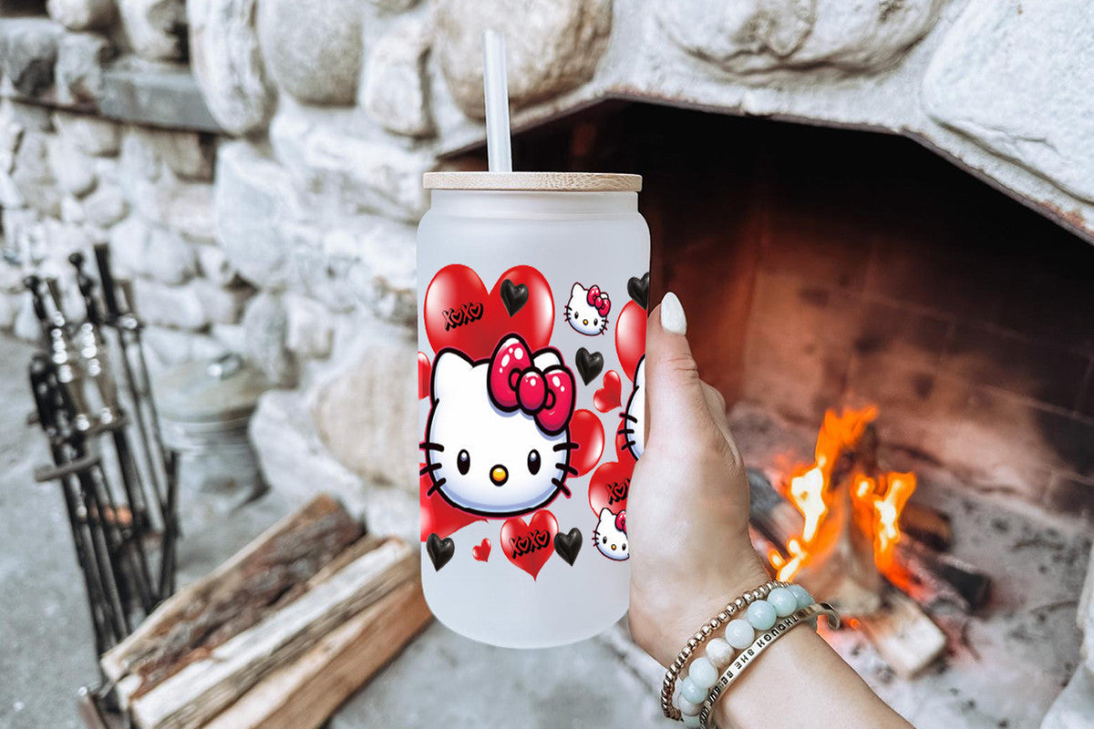 Hello Kitty Tumbler Glass Cup With Lid And Straw