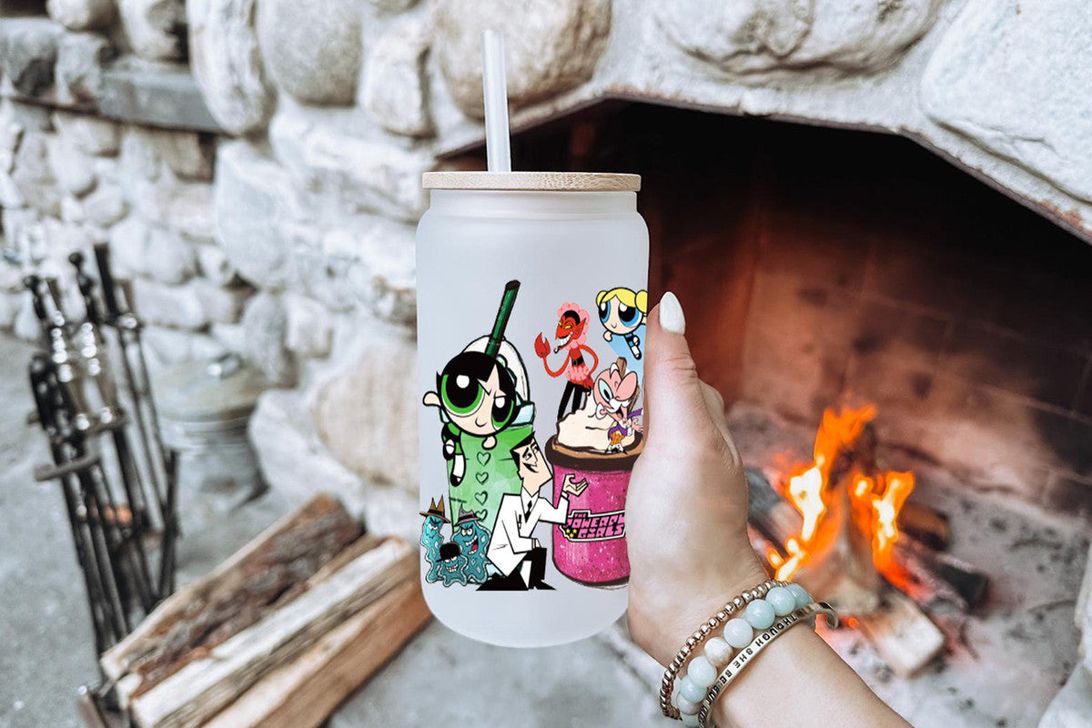 The Powerpuff Girls Tumbler Glass Cup With Lid And Straw