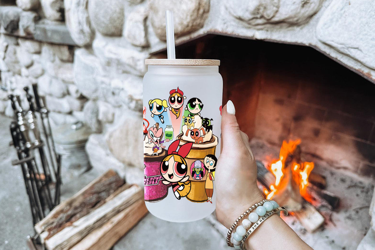 The Powerpuff Girls Tumbler Glass Cup With Lid And Straw