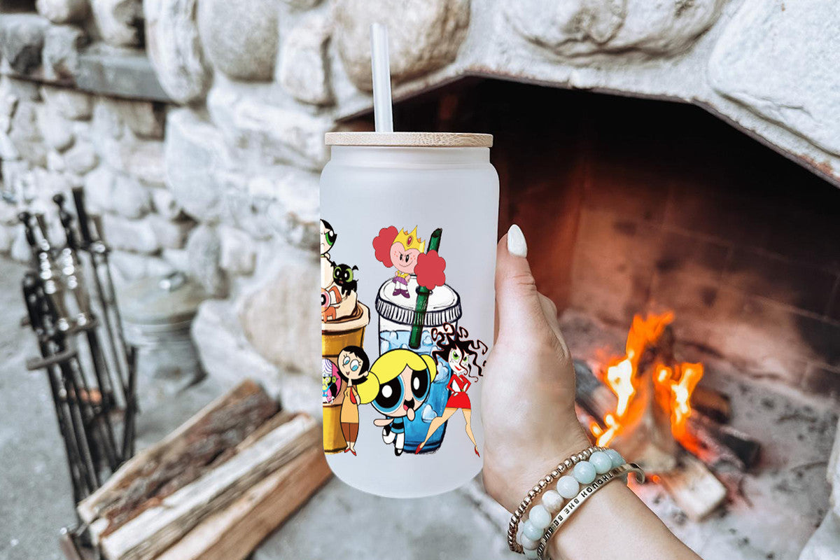 The Powerpuff Girls Tumbler Glass Cup With Lid And Straw