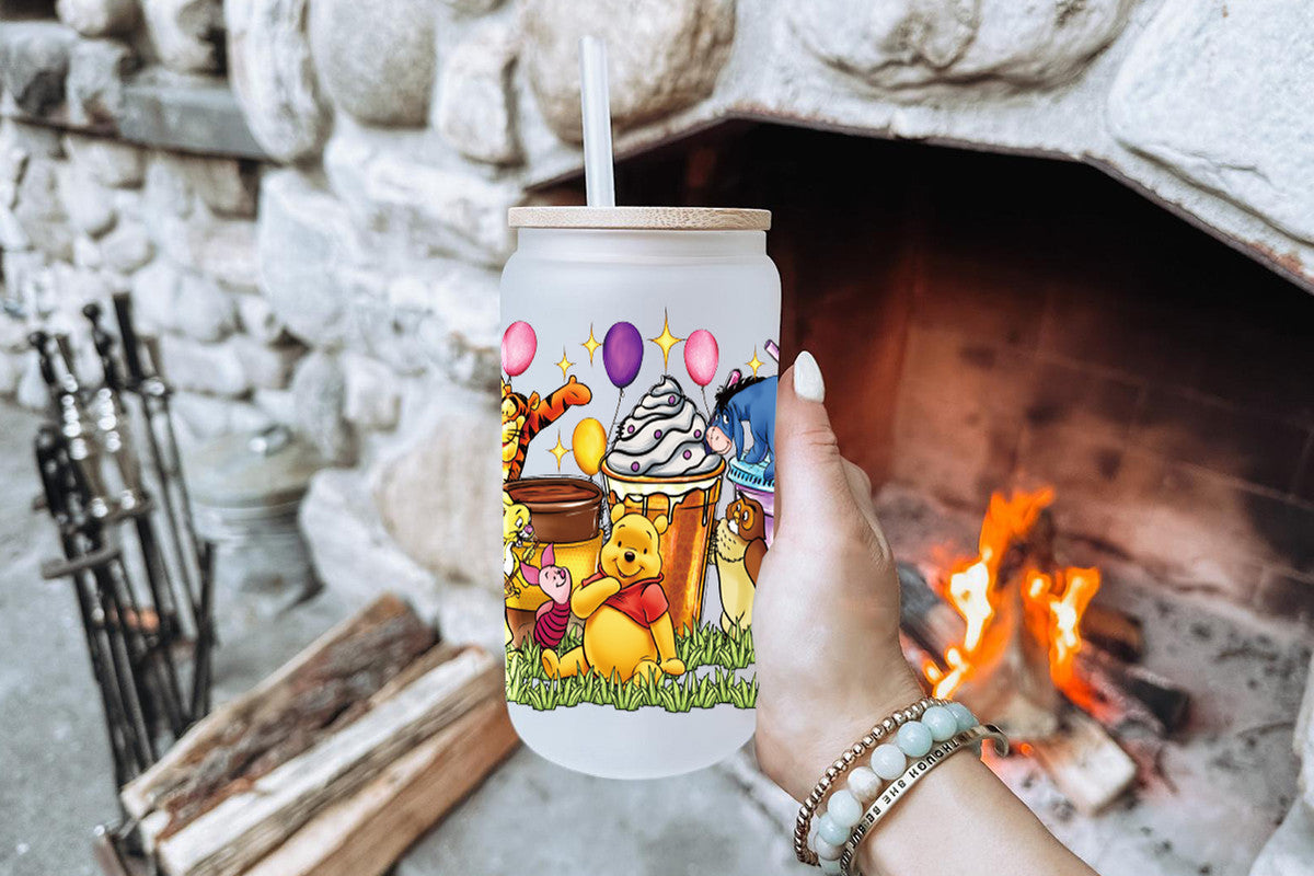 Wini The Pooh Tumbler Glass Cup With Lid And Straw