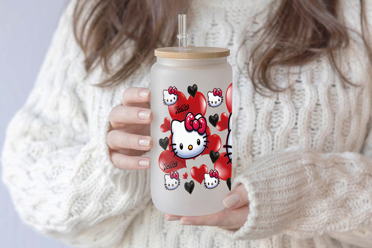 Hello Kitty Tumbler Glass Cup With Lid And Straw