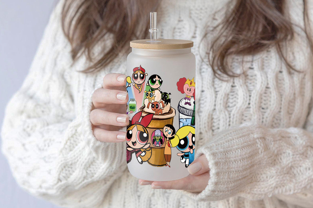 The Powerpuff Girls Tumbler Glass Cup With Lid And Straw