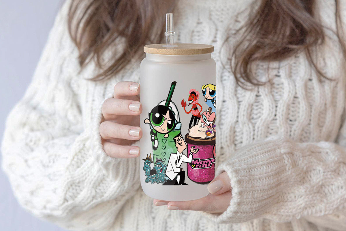 The Powerpuff Girls Tumbler Glass Cup With Lid And Straw