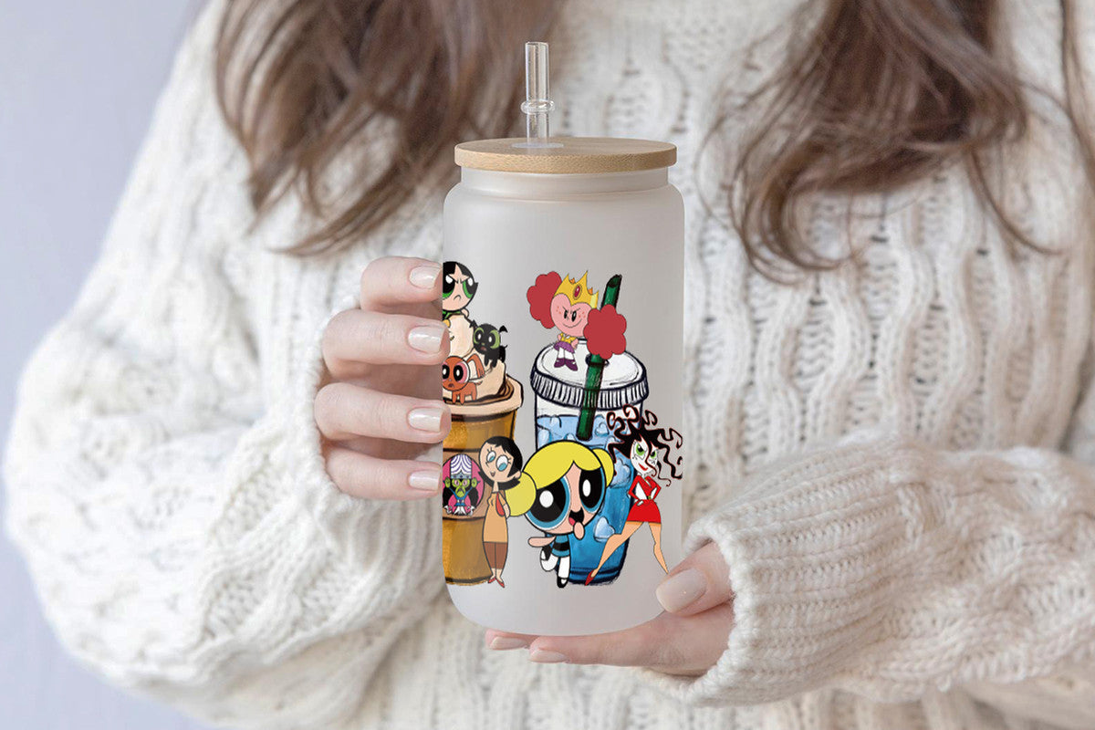 The Powerpuff Girls Tumbler Glass Cup With Lid And Straw