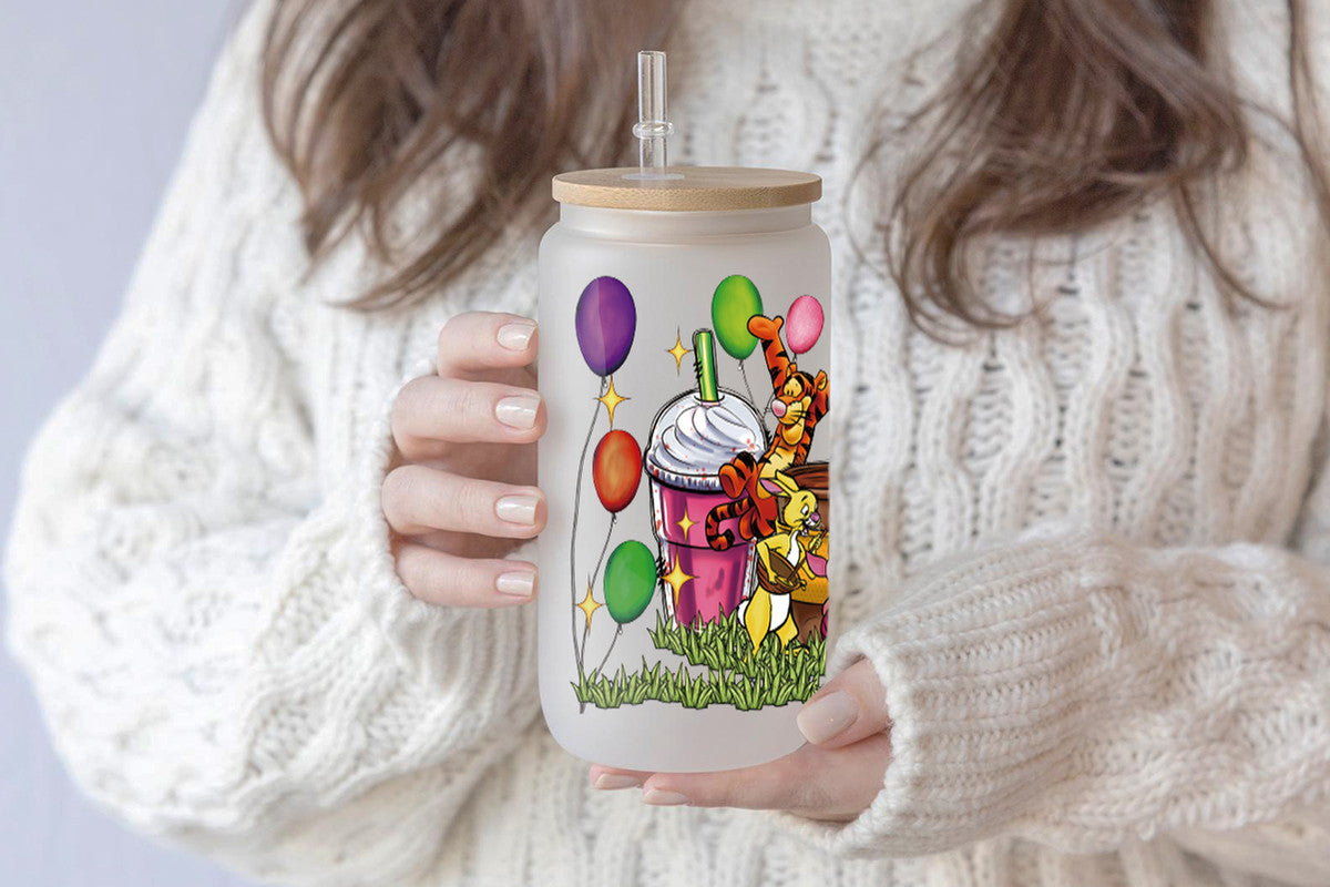 Wini The Pooh Tumbler Glass Cup With Lid And Straw