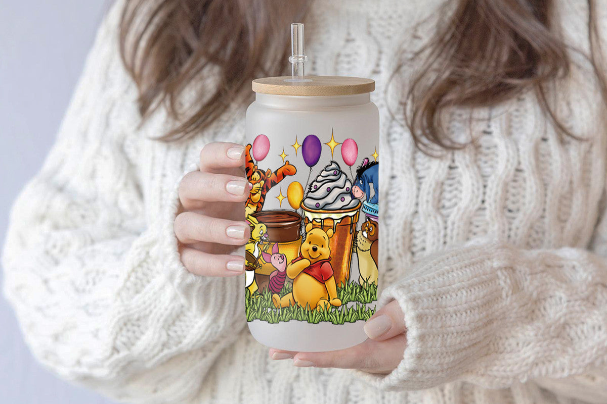 Wini The Pooh Tumbler Glass Cup With Lid And Straw