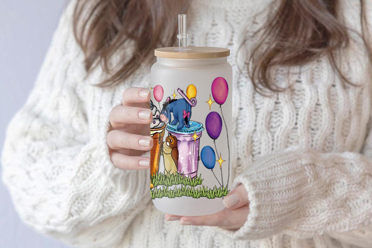 Wini The Pooh Tumbler Glass Cup With Lid And Straw