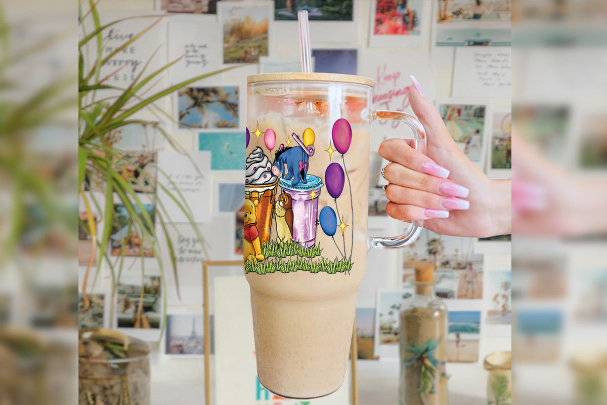 Wini The Pooh Tumbler Glass Cup With Lid And Straw