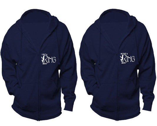 I put a ring on it couple zip up hoodies, bride groom married outfits, engaged photo outfits, sold separately