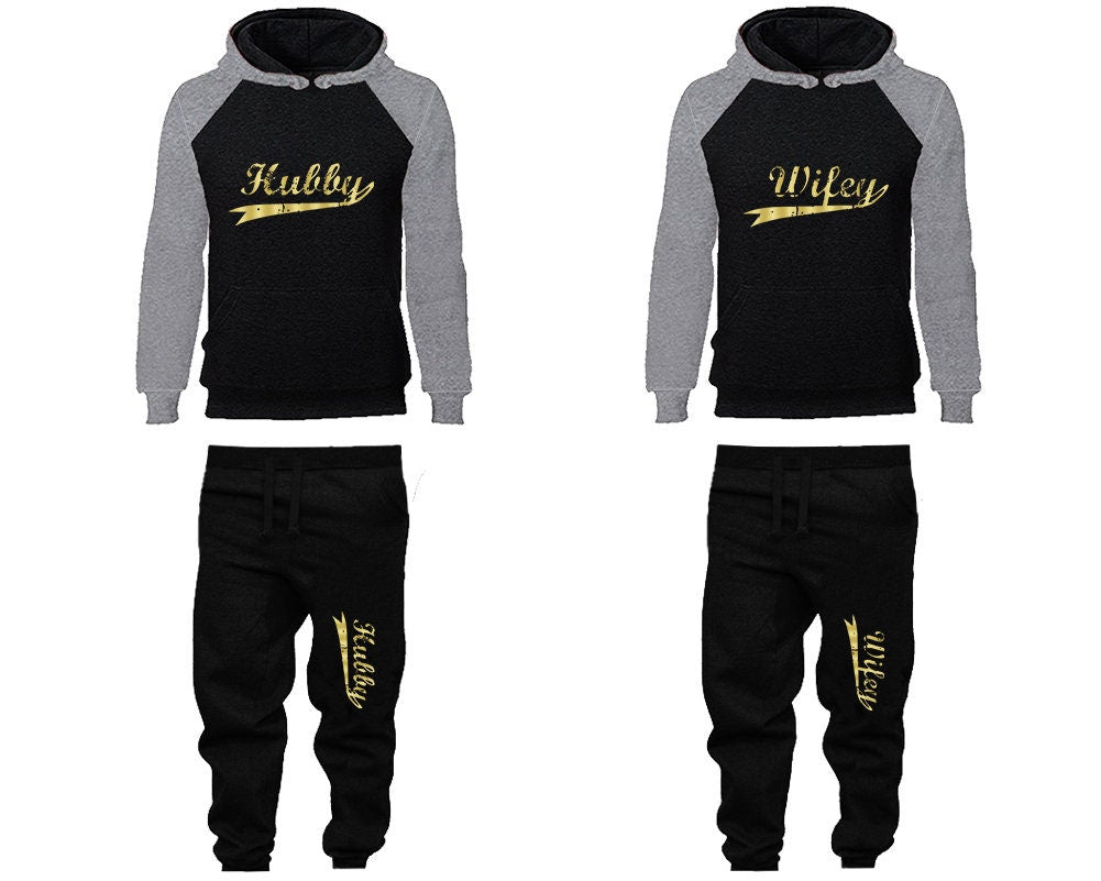 Tracksuit Hubby Wifey Hoodie Jogger Pants, Sweatsuits for couples, matching tracksuits, gold foil 4 items Sold Separately