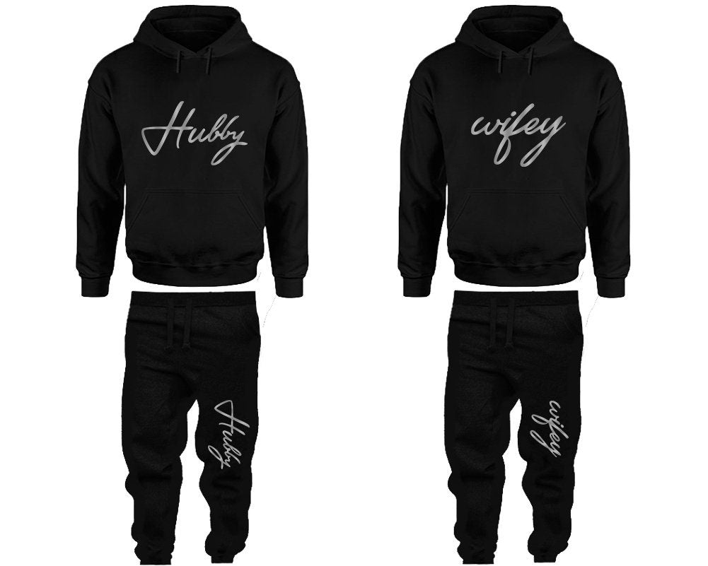 Hubby Wifey Hoodie Jogger pants Valentine Gift Clothing, Women Joggers Men Joggers Silver Foil Hoodies Matching 4 items  Sold Separately