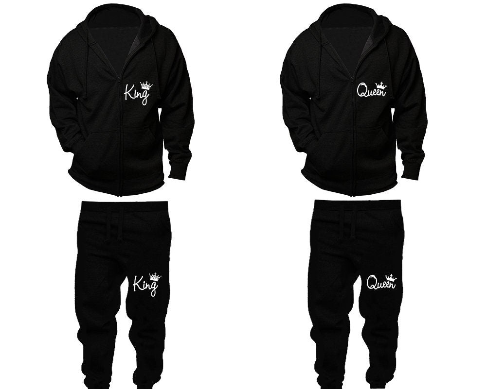 Couple tracksuits king queen Zip-up Hoodie Jogger pants Women Men Joggers full zip Hoodies Matching 4 items  Sold Separately