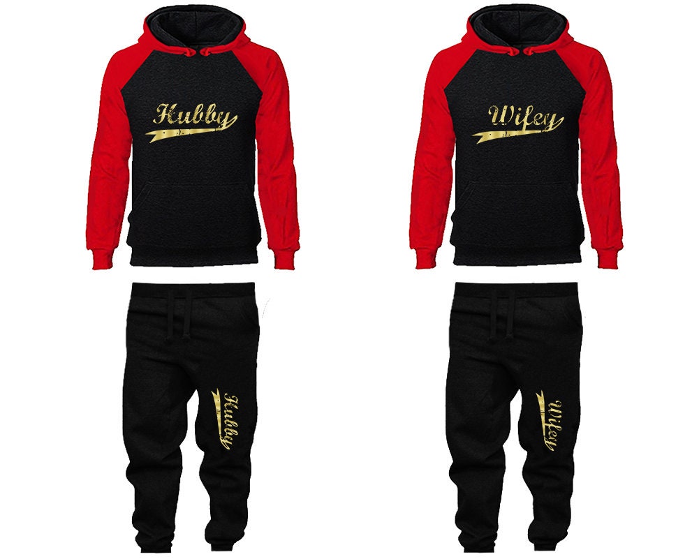 Tracksuit Hubby Wifey Hoodie Jogger Pants, Sweatsuits for couples, matching tracksuits, gold foil 4 items Sold Separately